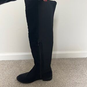 EUC Diba Meryl Elegant Black Thigh High Boot Flat, Side Zip, Faux Suede Size 7.5
